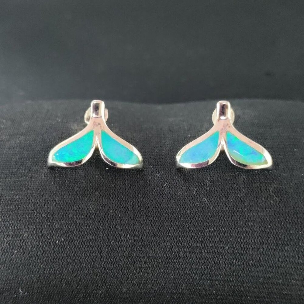 Silver Plated Hawaiian Blue Opal Dolphin Tail Stud Earrings